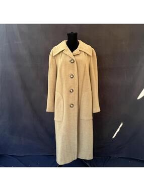 Vintage Camel Wool Long Coat Womens Oversized Collar 4 Button Pockets Mod 70s